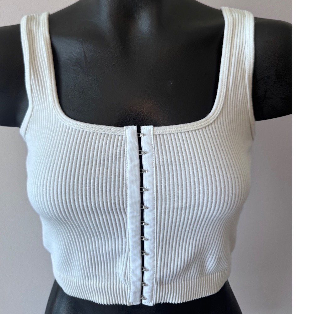Love Poem White Ribbed Hook-Eye Crop Top Corset Tank M/L Coquette Feminine Twee
